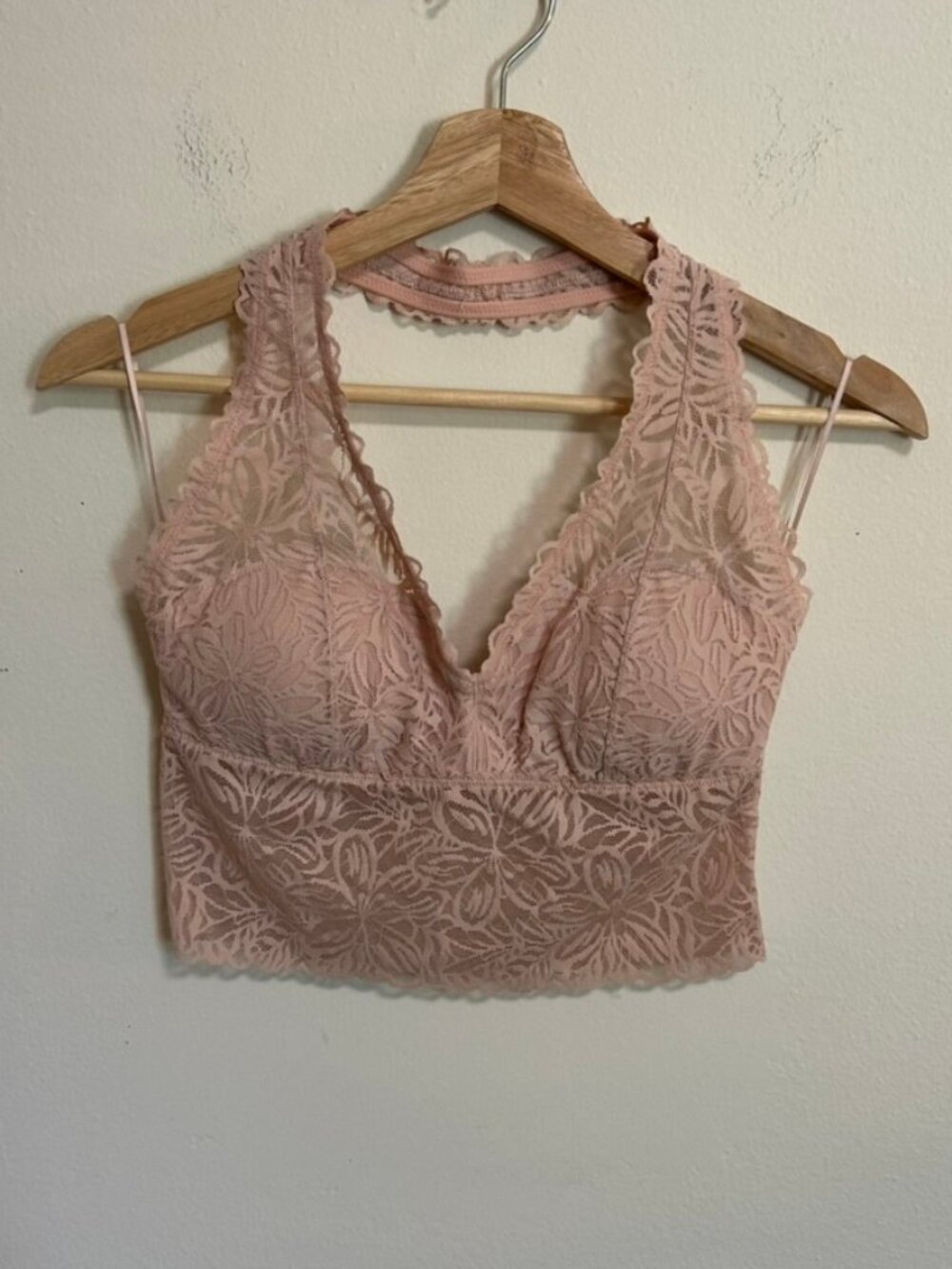 Aerie Firework Lace Padded Bralette Halter Strap Sz M Removable Pads Light Pink